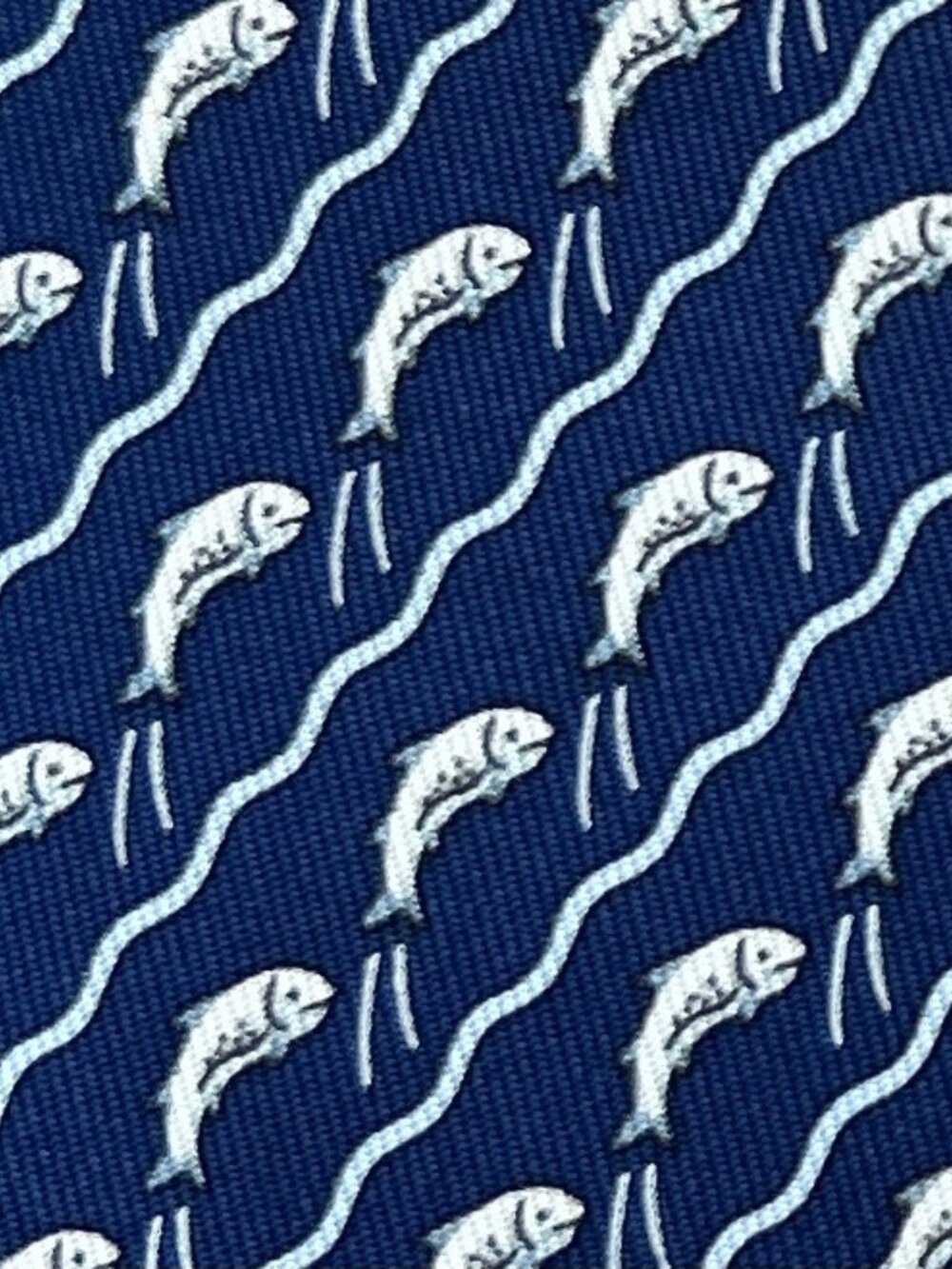 100% REAL HERMES TIE ~ BLUE w WHIMSICAL SALMON FISH SWIMMING UPSTREAM WAVES XL